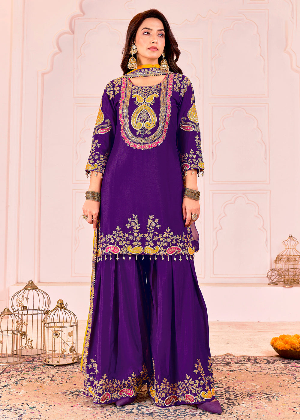 Buy Now Traditional Embroidered Purple Ceremonial Palazzo Suit Online in New York, Los Angeles, San Jose, Chicago, Houston, Fremont & Worldwide at Empress.