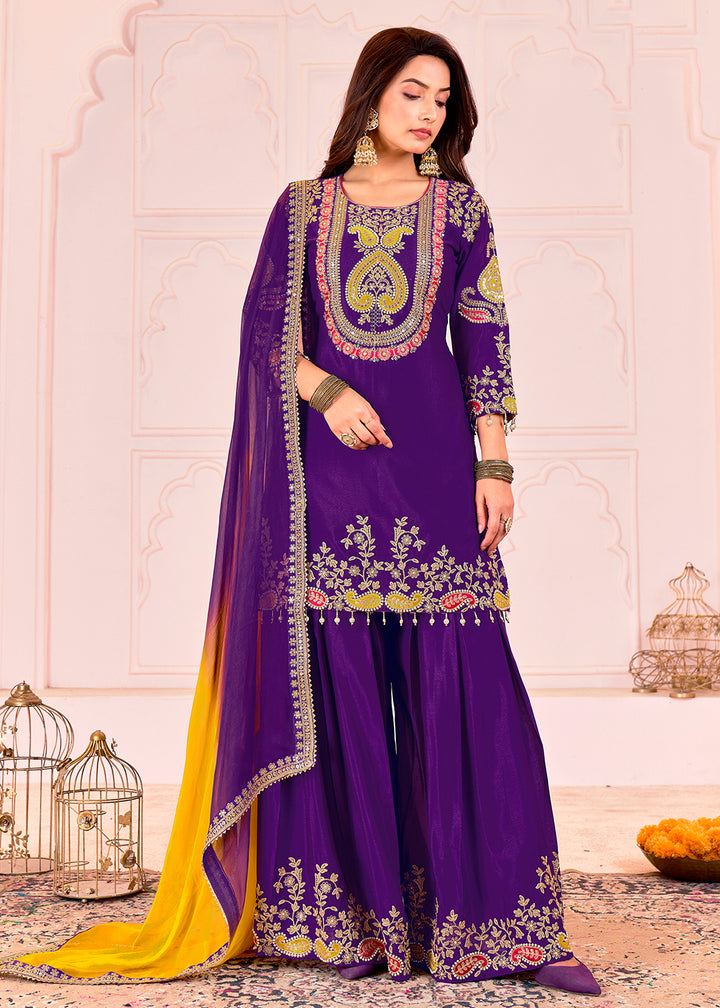 Buy Now Traditional Embroidered Purple Ceremonial Palazzo Suit Online in New York, Los Angeles, San Jose, Chicago, Houston, Fremont & Worldwide at Empress.