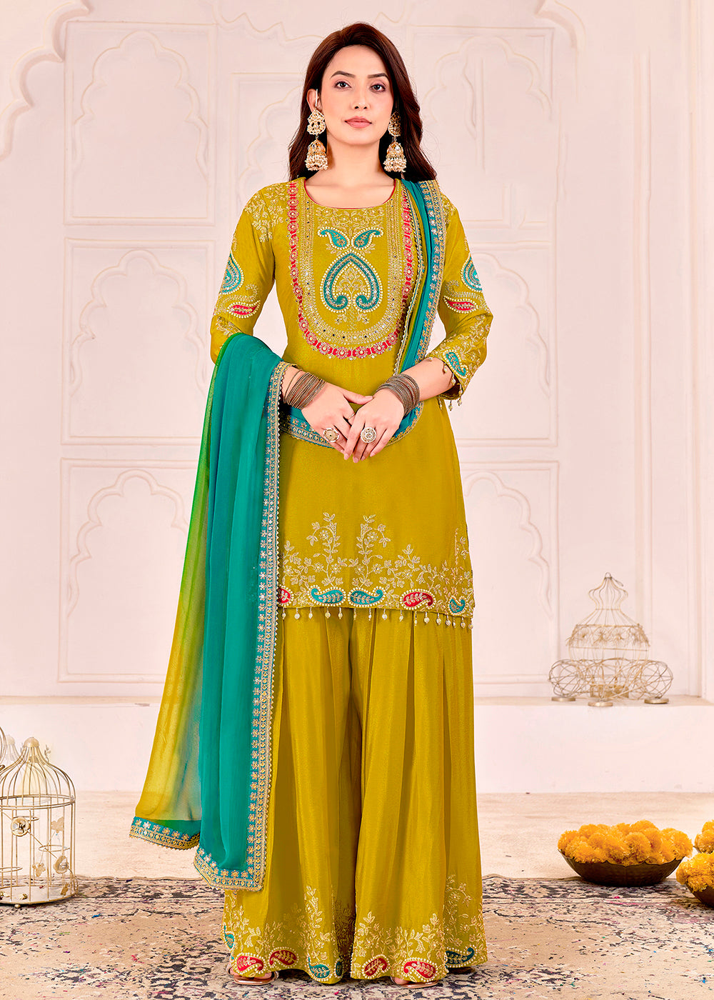 Buy Now Traditional Embroidered Green Ceremonial Palazzo Suit Online in New York, Los Angeles, San Jose, Chicago, Houston, Fremont & Worldwide at Empress.