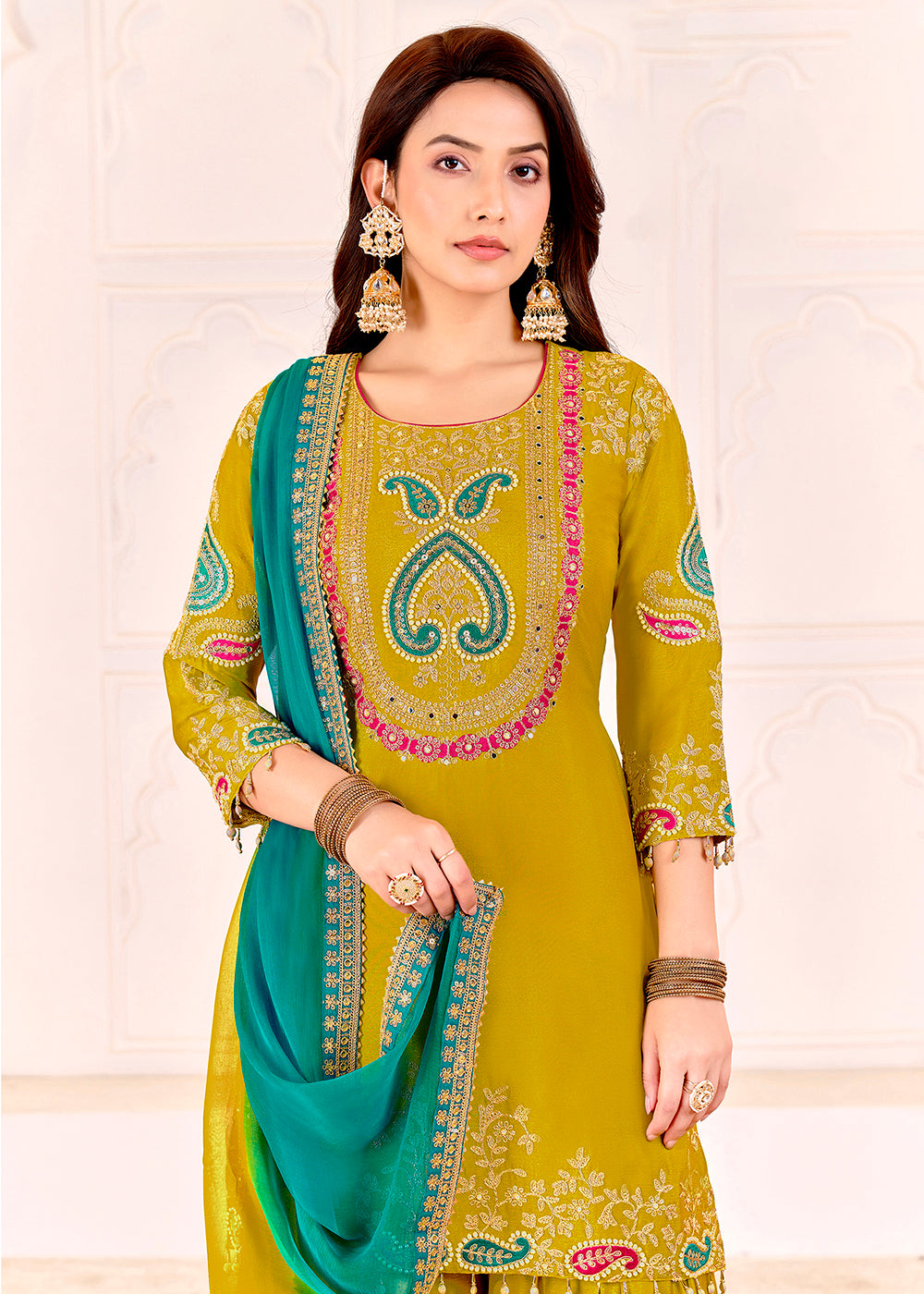 Buy Now Traditional Embroidered Green Ceremonial Palazzo Suit Online in New York, Los Angeles, San Jose, Chicago, Houston, Fremont & Worldwide at Empress.