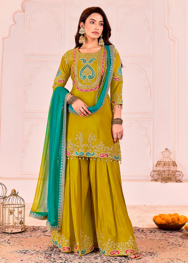 Buy Now Traditional Embroidered Green Ceremonial Palazzo Suit Online in New York, Los Angeles, San Jose, Chicago, Houston, Fremont & Worldwide at Empress.