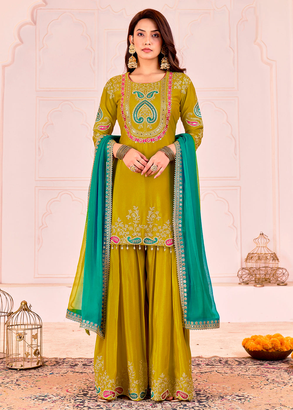 Buy Now Traditional Embroidered Green Ceremonial Palazzo Suit Online in New York, Los Angeles, San Jose, Chicago, Houston, Fremont & Worldwide at Empress.