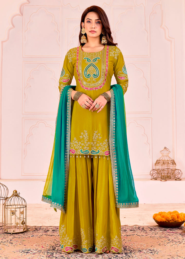Buy Now Traditional Embroidered Green Ceremonial Palazzo Suit Online in New York, Los Angeles, San Jose, Chicago, Houston, Fremont & Worldwide at Empress.