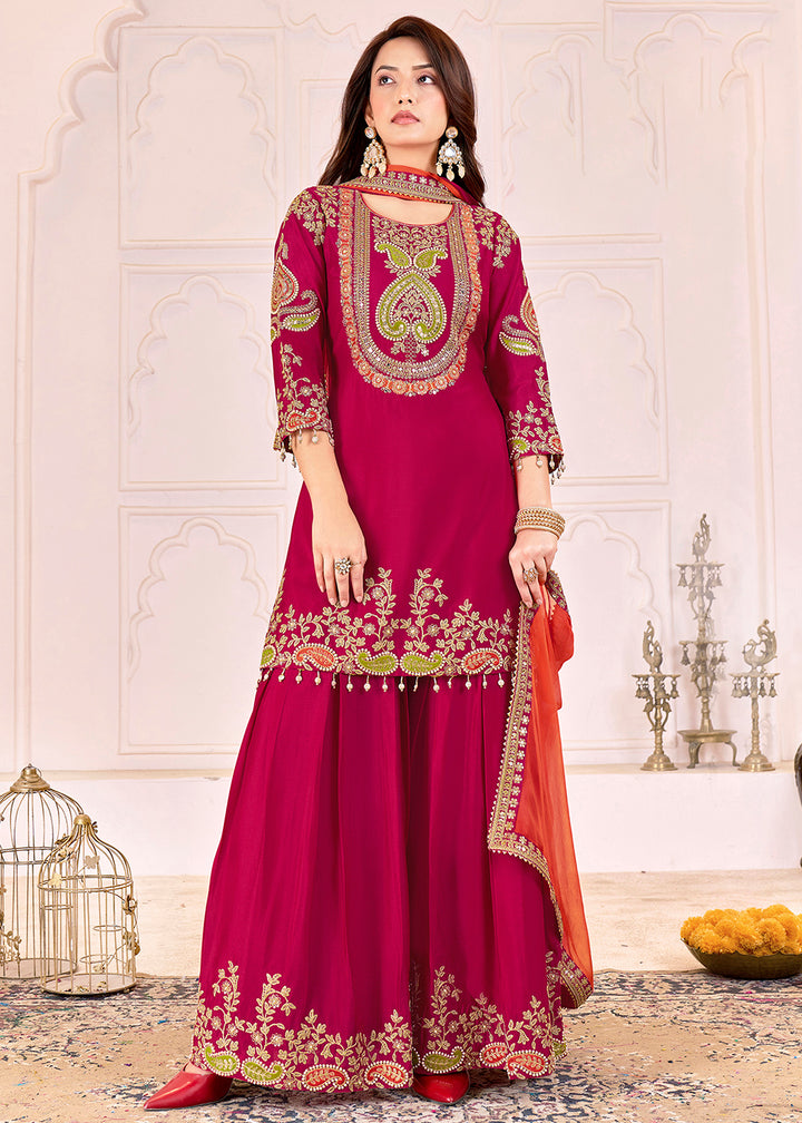 Buy Now Traditional Embroidered Pink Ceremonial Palazzo Suit Online in New York, Los Angeles, San Jose, Chicago, Houston, Fremont & Worldwide at Empress.