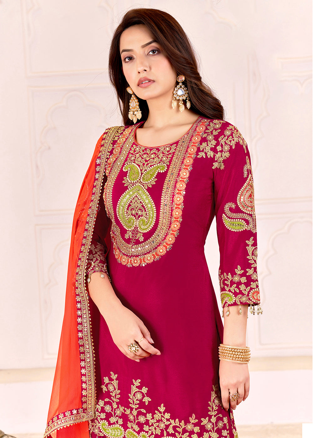 Buy Now Traditional Embroidered Pink Ceremonial Palazzo Suit Online in New York, Los Angeles, San Jose, Chicago, Houston, Fremont & Worldwide at Empress.