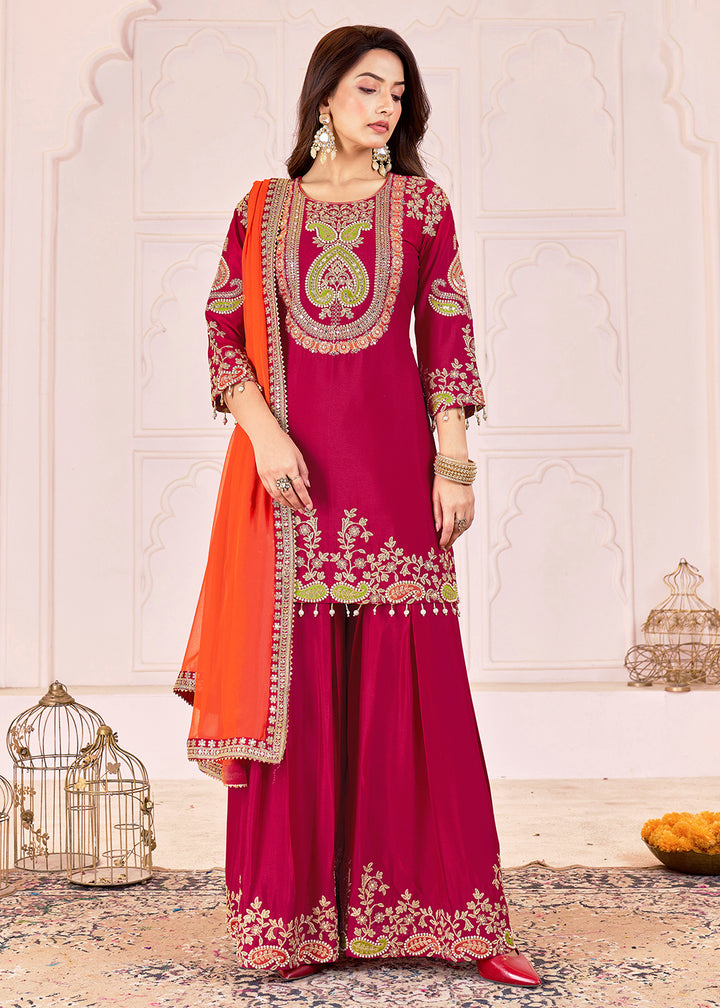 Buy Now Traditional Embroidered Pink Ceremonial Palazzo Suit Online in New York, Los Angeles, San Jose, Chicago, Houston, Fremont & Worldwide at Empress.