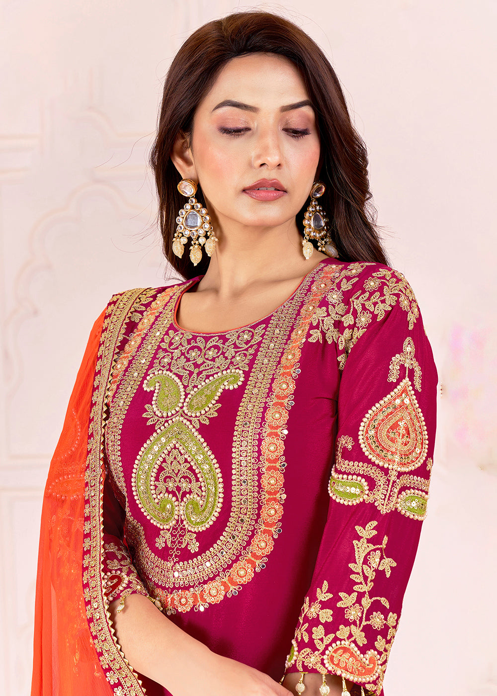 Buy Now Traditional Embroidered Pink Ceremonial Palazzo Suit Online in New York, Los Angeles, San Jose, Chicago, Houston, Fremont & Worldwide at Empress.