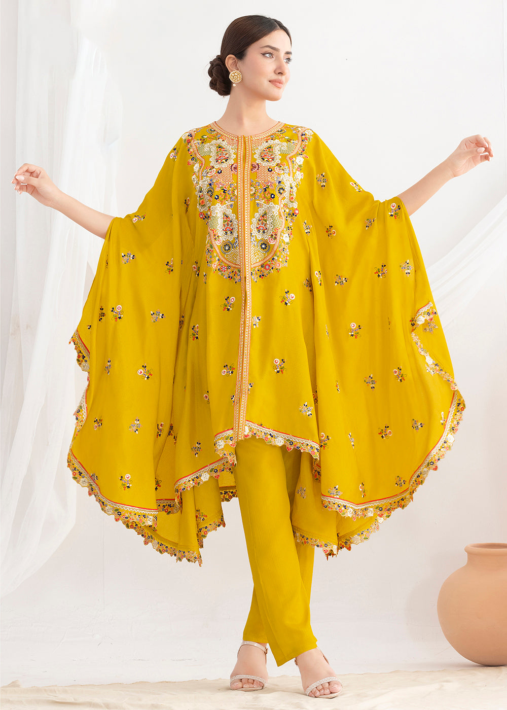 Buy Now Yellow Floral Embroidered Kaftan Style Dress Online in US, UK, Canada, Germany, Italy, France, Austria, Australia, Denmark, UAE & Worldwide at Empress.