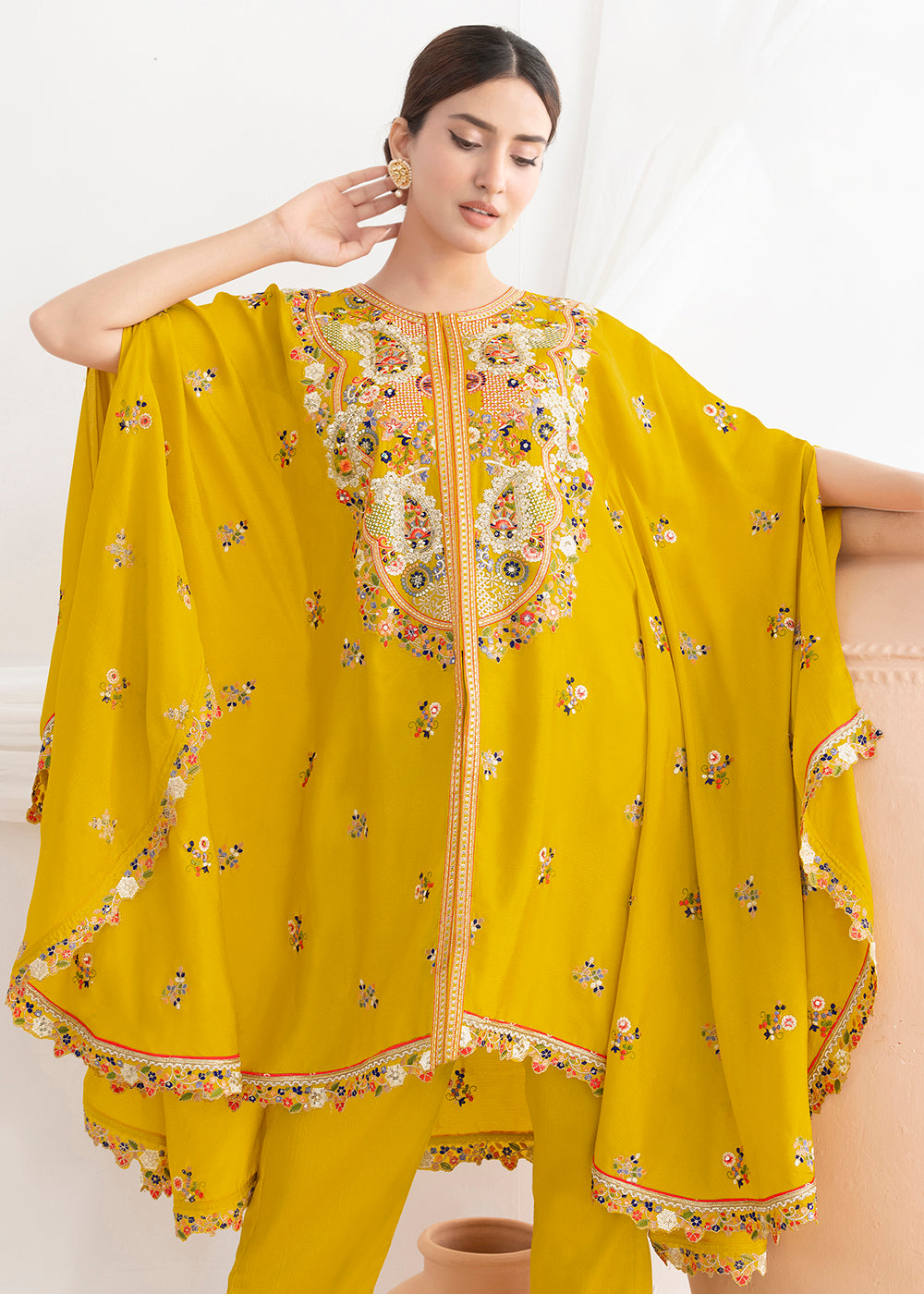 Buy Now Yellow Floral Embroidered Kaftan Style Dress Online in US, UK, Canada, Germany, Italy, France, Austria, Australia, Denmark, UAE & Worldwide at Empress.