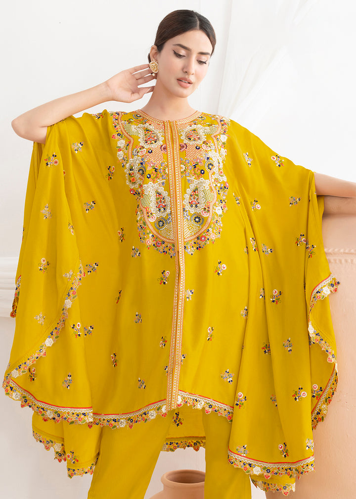 Buy Now Yellow Floral Embroidered Kaftan Style Dress Online in US, UK, Canada, Germany, Italy, France, Austria, Australia, Denmark, UAE & Worldwide at Empress.
