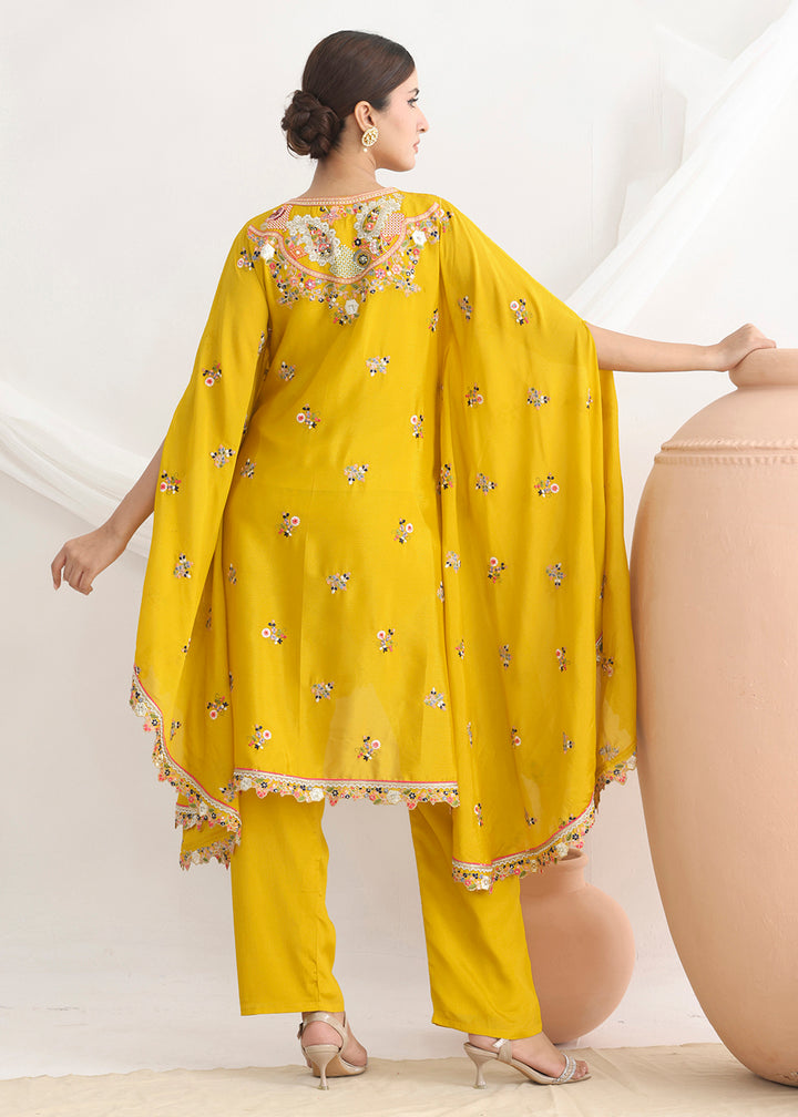 Buy Now Yellow Floral Embroidered Kaftan Style Dress Online in US, UK, Canada, Germany, Italy, France, Austria, Australia, Denmark, UAE & Worldwide at Empress.