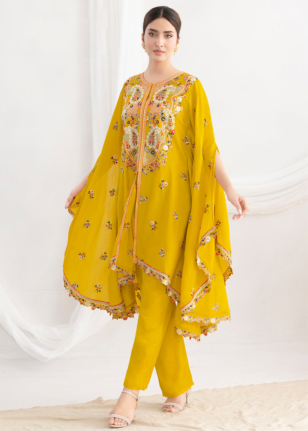 Buy Now Yellow Floral Embroidered Kaftan Style Dress Online in US, UK, Canada, Germany, Italy, France, Austria, Australia, Denmark, UAE & Worldwide at Empress.