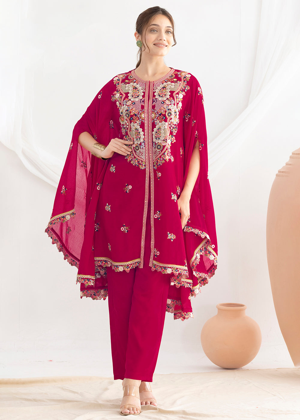 Buy Now Pink Floral Embroidered Kaftan Style Dress Online in US, UK, Canada, Germany, Italy, France, Austria, Australia, Denmark, UAE & Worldwide at Empress.