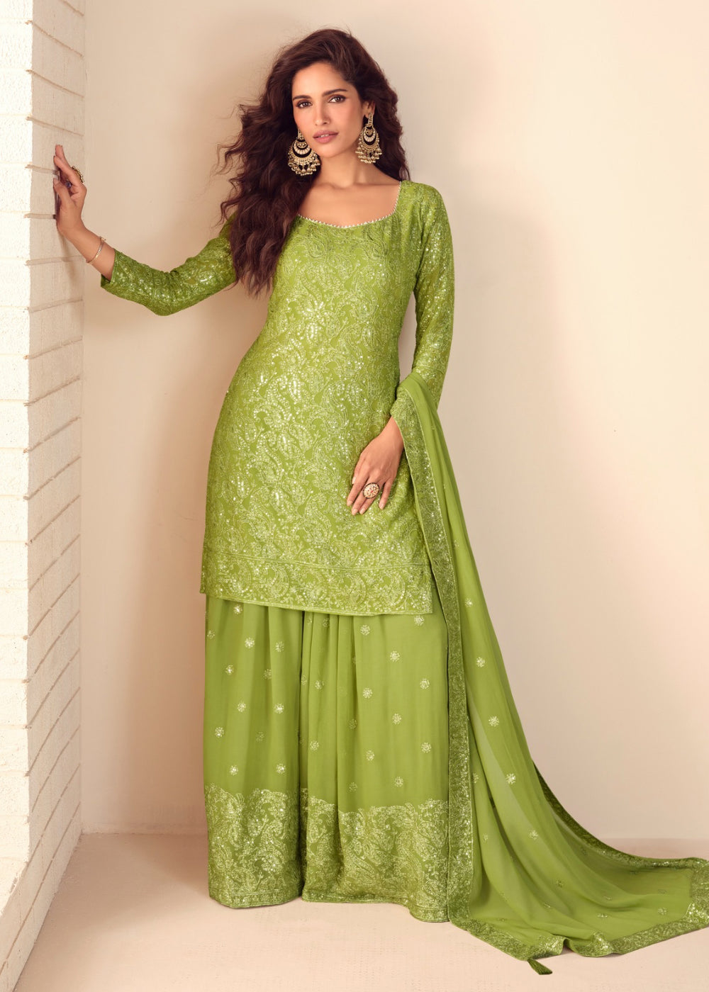 Shop Now Light Green Georgette Gharara Style Festive Dress Online at Empress in USA, UK, Canada, Italy, Germany, France, Greece, Sweden, UAE & Worldwide.