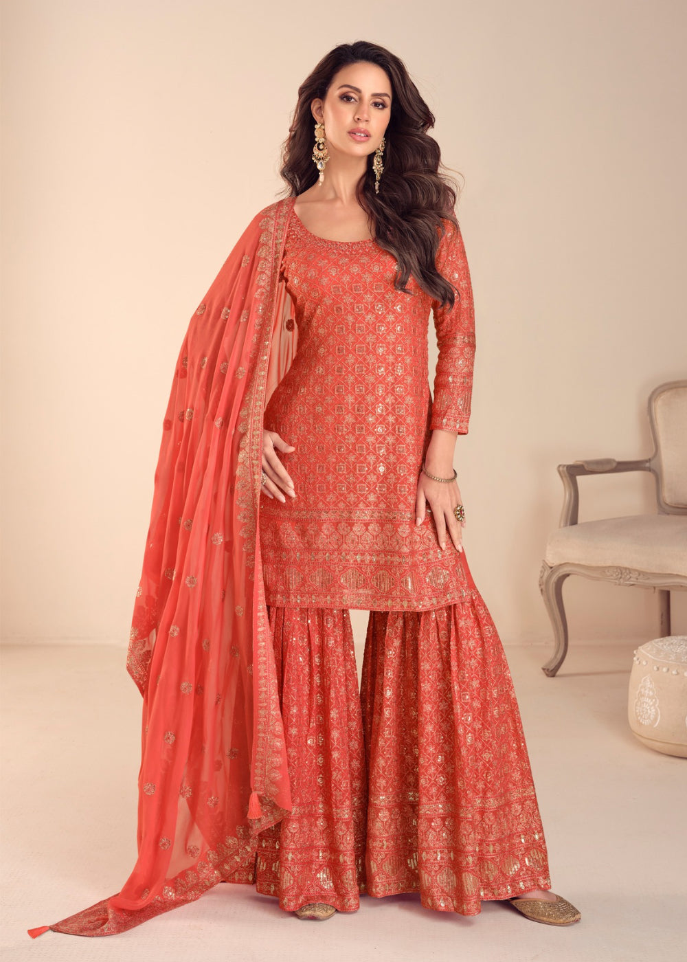 Shop Now Coral Orange Georgette Gharara Style Festive Dress Online at Empress in USA, UK, Canada, Italy, Germany, France, Greece, Sweden, UAE & Worldwide.