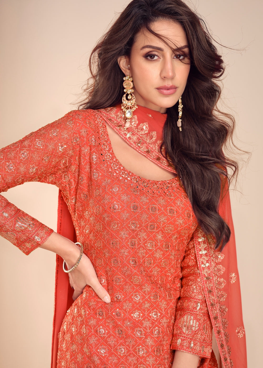 Shop Now Coral Orange Georgette Gharara Style Festive Dress Online at Empress in USA, UK, Canada, Italy, Germany, France, Greece, Sweden, UAE & Worldwide.