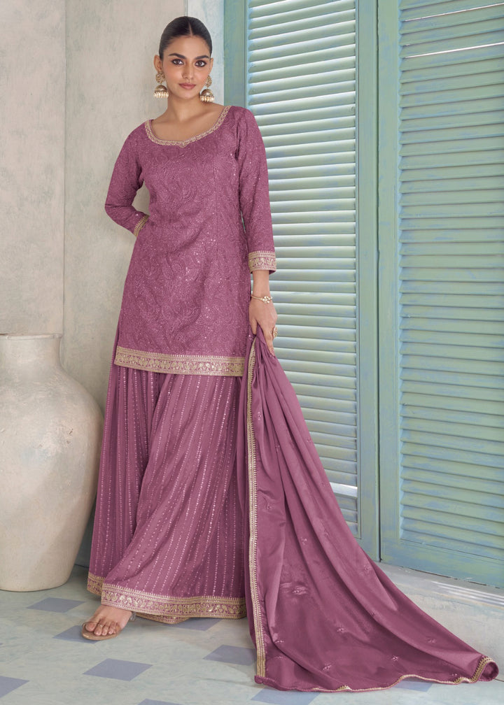 Buy Now Real Chinnon Onion Pink Color Embroidered Palazzo Suit Online in US, UK, Canada, Netherlands, Germany, Italy, France, Sweden, UAE & Worldwide at Empress.