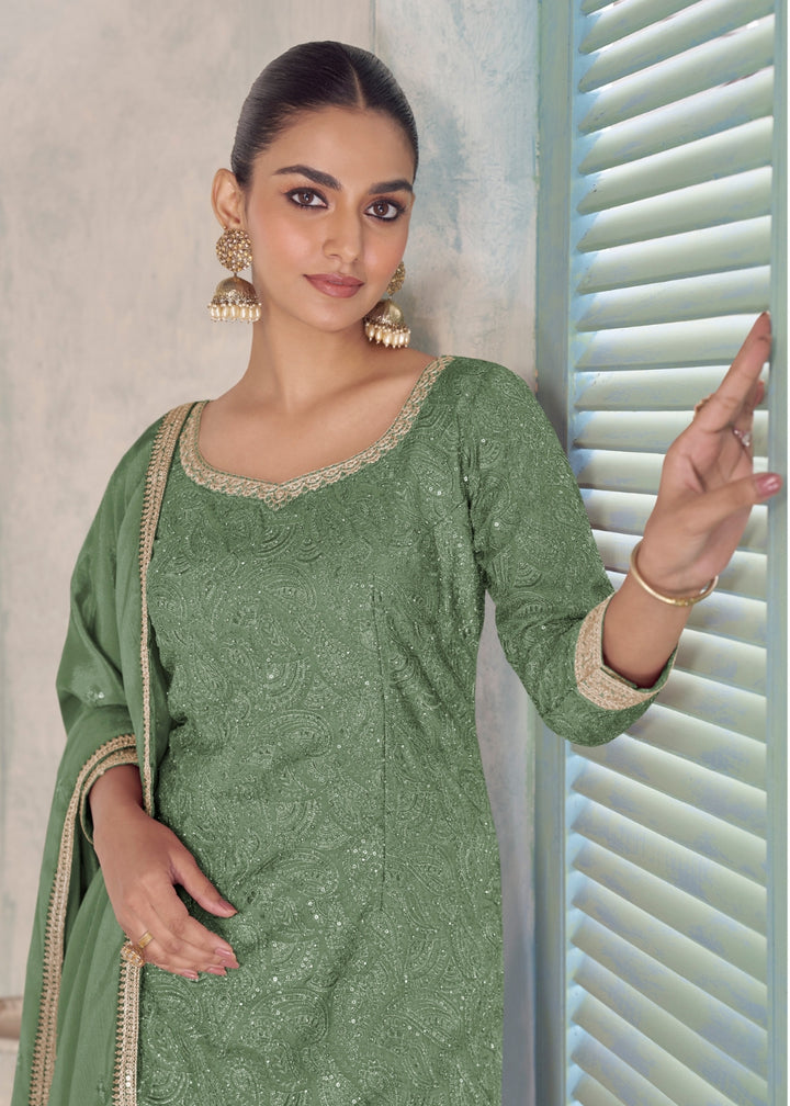 Buy Now Real Chinnon Green Color Embroidered Palazzo Suit Online in US, UK, Canada, Netherlands, Germany, Italy, France, Sweden, UAE & Worldwide at Empress.