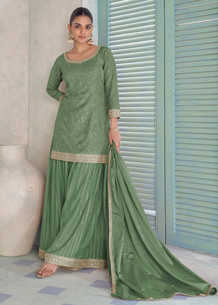 Buy Now Real Chinnon Green Color Embroidered Palazzo Suit Online in US, UK, Canada, Netherlands, Germany, Italy, France, Sweden, UAE & Worldwide at Empress.