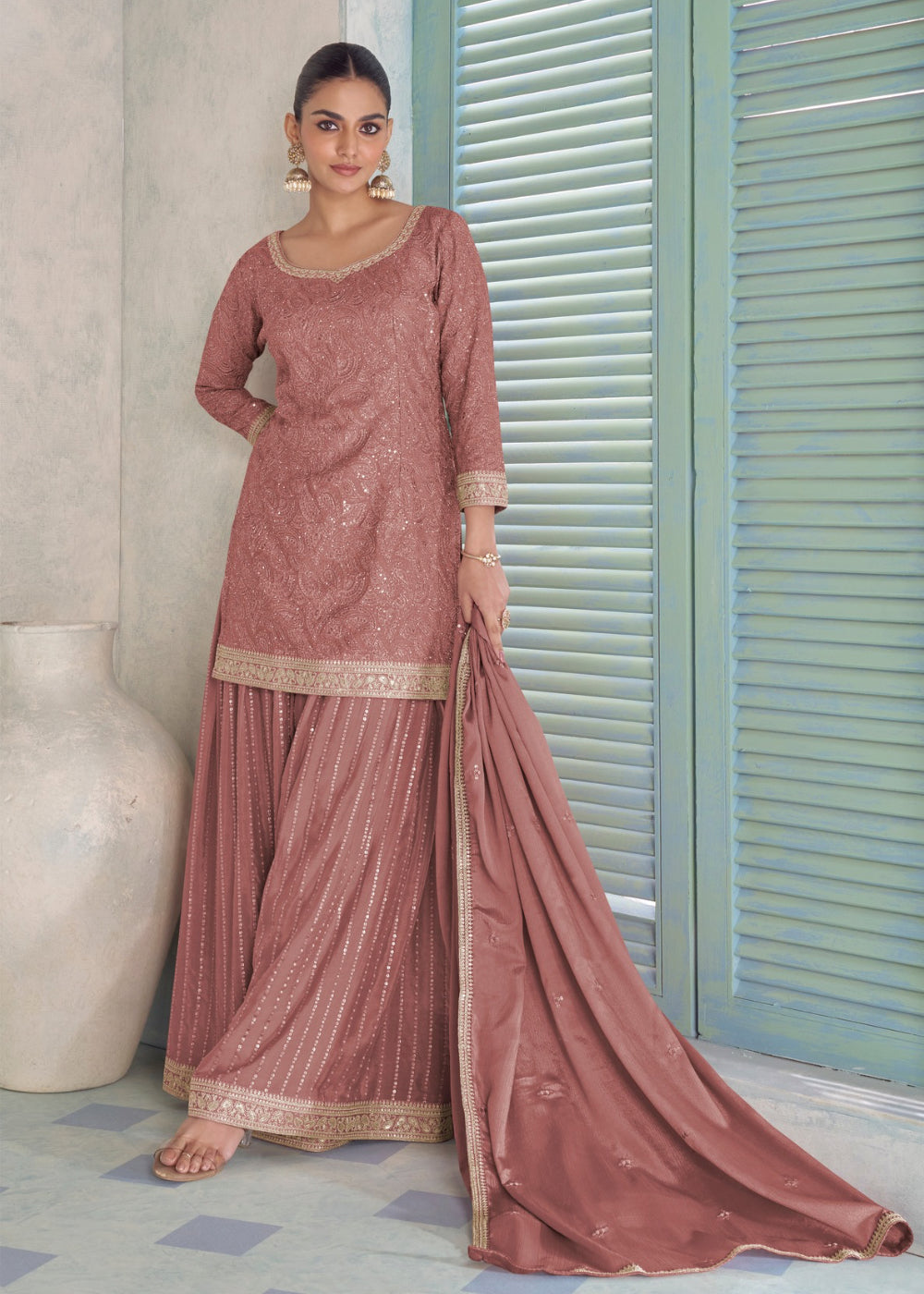 Buy Now Real Chinnon Old Rose Color Embroidered Palazzo Suit Online in US, UK, Canada, Netherlands, Germany, Italy, France, Sweden, UAE & Worldwide at Empress.
