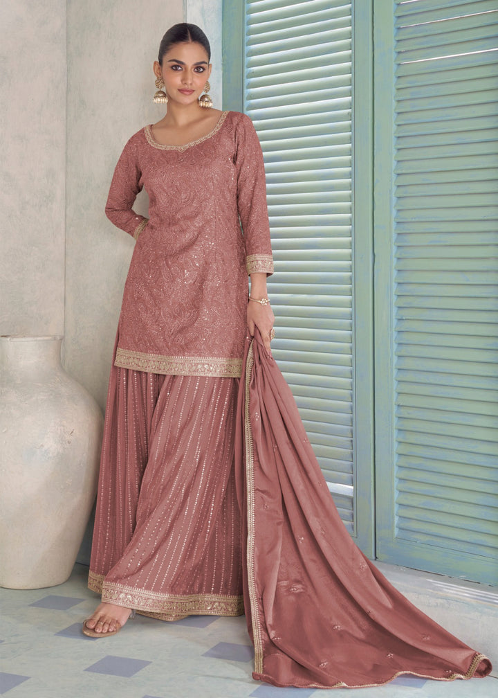 Buy Now Real Chinnon Old Rose Color Embroidered Palazzo Suit Online in US, UK, Canada, Netherlands, Germany, Italy, France, Sweden, UAE & Worldwide at Empress.