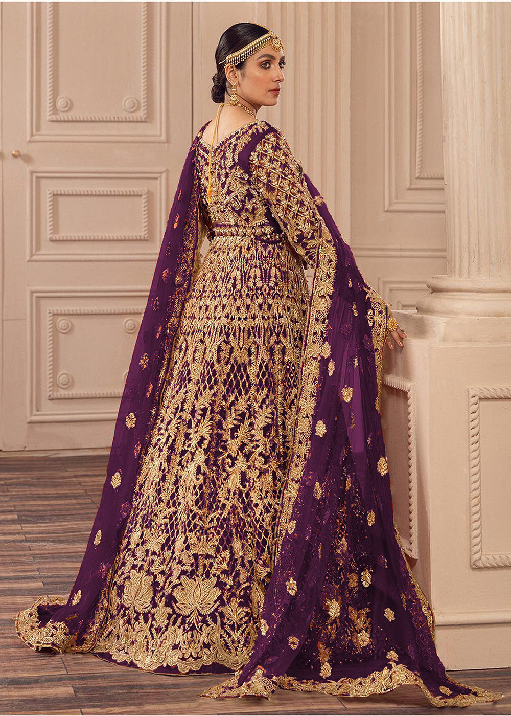 Buy Now Purple Net Heavy Work & Embroidered Bridal Anarkali Gown Online in USA, UK, Italy, Spain, Germany, Austria, Canada, UAE & Worldwide at Empress Clothing.
