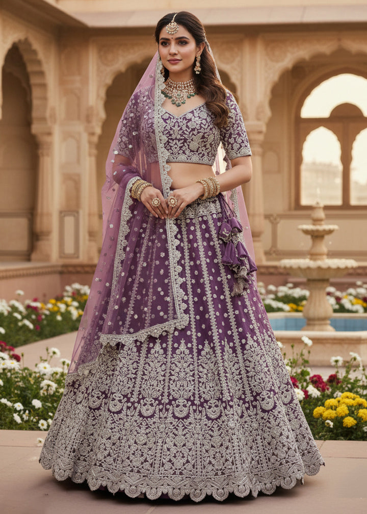 Buy Now Purple Fancy Dori & Sequins Net Wedding Lehenga Choli Online in US, UK, Canada, France, Italy, Germany, Australia, Greece, UAE & Worldwide at Empress.