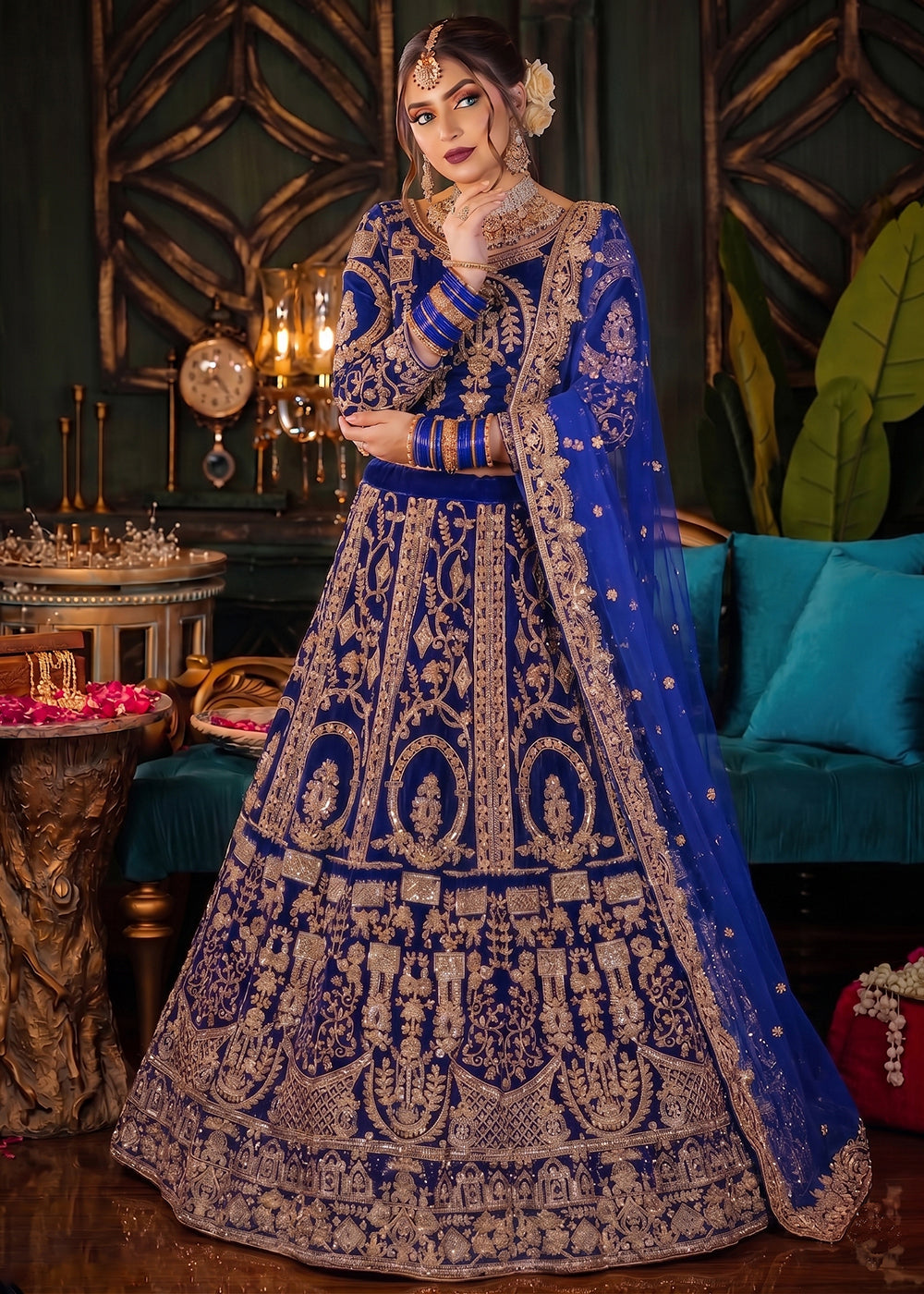 Buy Now Blue Heavy Bridal Designer Style Velvet Lehenga Choli Online in US, UK, Canada, France, Italy, Germany, Australia, Greece, UAE & Worldwide at Empress.