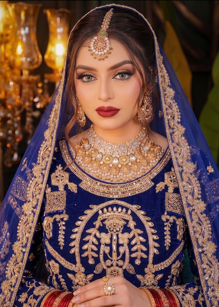 Buy Now Blue Heavy Bridal Designer Style Velvet Lehenga Choli Online in US, UK, Canada, France, Italy, Germany, Australia, Greece, UAE & Worldwide at Empress.