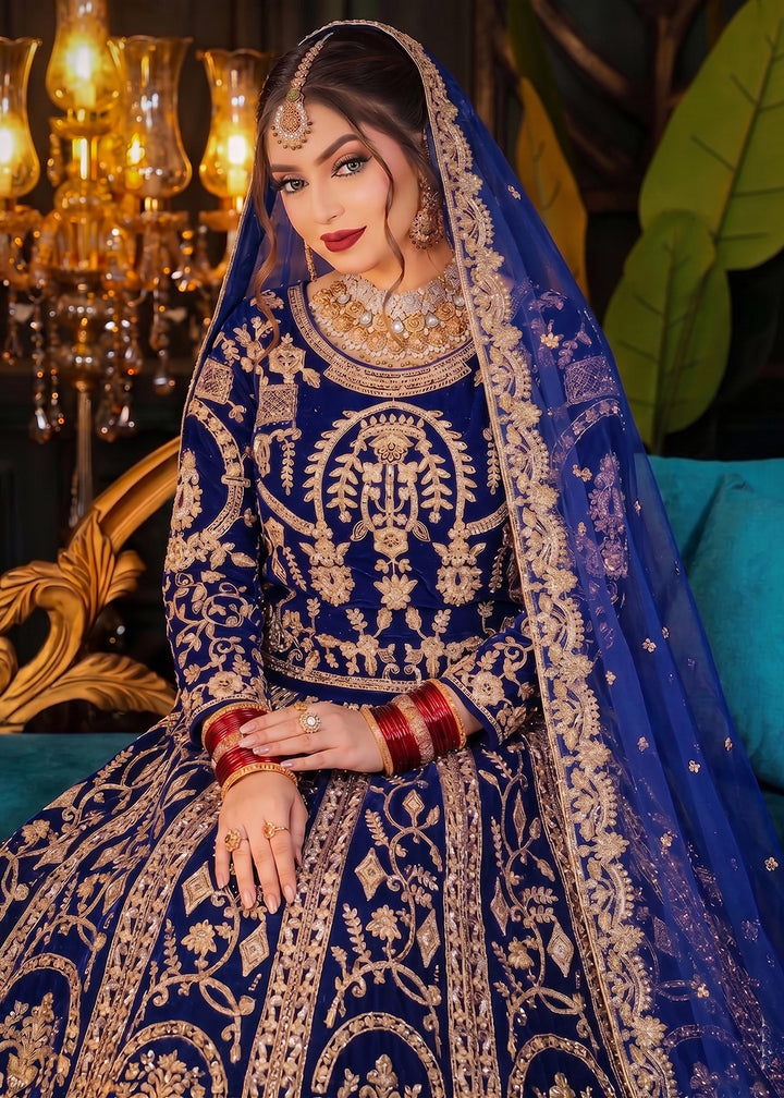 Buy Now Blue Heavy Bridal Designer Style Velvet Lehenga Choli Online in US, UK, Canada, France, Italy, Germany, Australia, Greece, UAE & Worldwide at Empress.