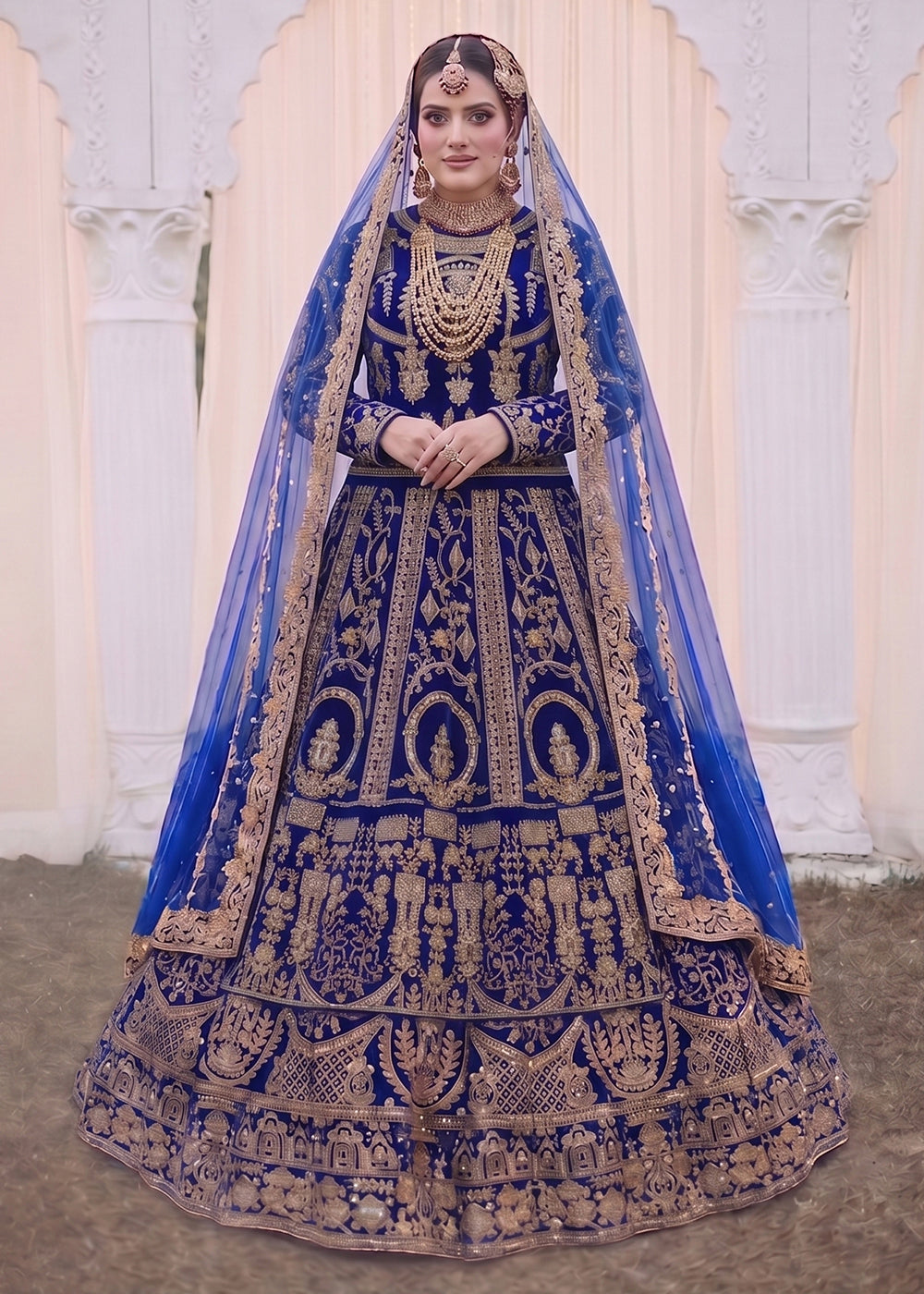 Buy Now Blue Heavy Bridal Designer Style Velvet Lehenga Choli Online in US, UK, Canada, France, Italy, Germany, Australia, Greece, UAE & Worldwide at Empress.