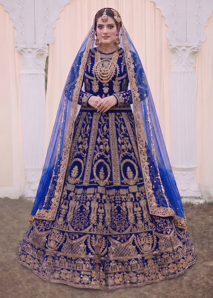 Buy Now Blue Heavy Bridal Designer Style Velvet Lehenga Choli Online in US, UK, Canada, France, Italy, Germany, Australia, Greece, UAE & Worldwide at Empress.