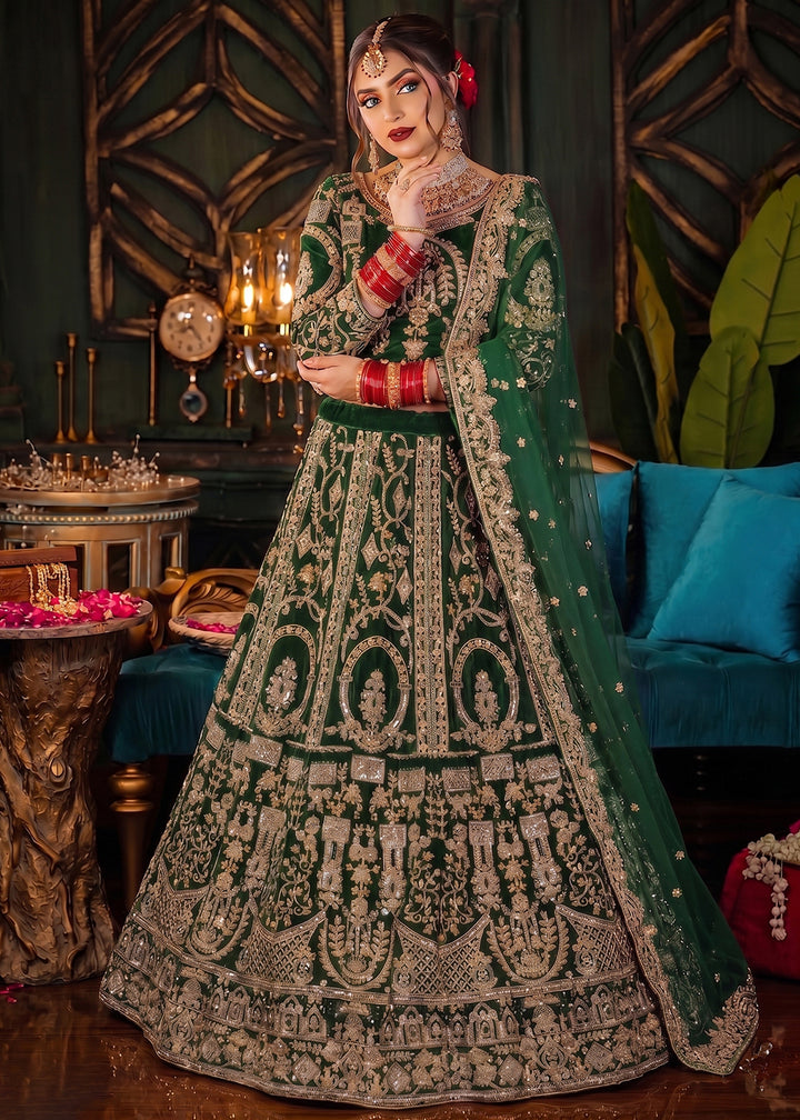 Buy Now Green Heavy Bridal Designer Style Velvet Lehenga Choli Online in US, UK, Canada, France, Italy, Germany, Australia, Greece, UAE & Worldwide at Empress.