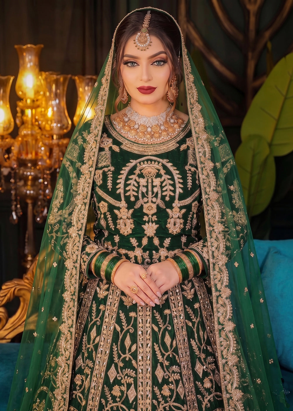 Buy Now Green Heavy Bridal Designer Style Velvet Lehenga Choli Online in US, UK, Canada, France, Italy, Germany, Australia, Greece, UAE & Worldwide at Empress.