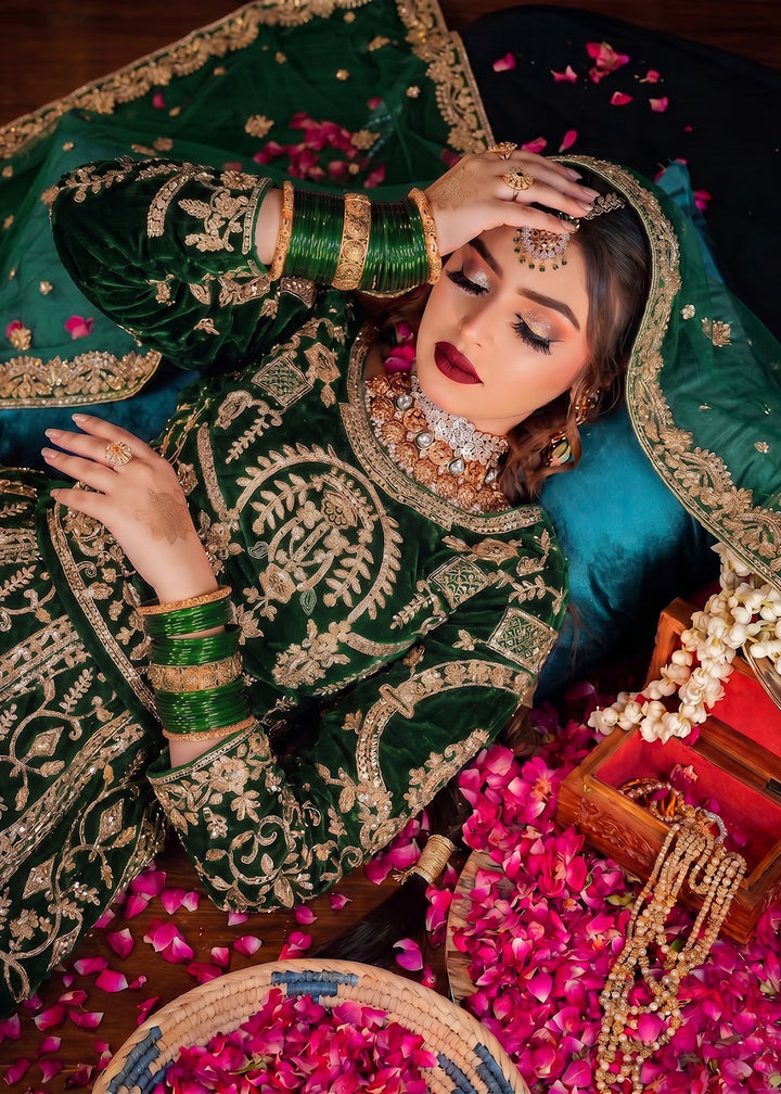 Buy Now Green Heavy Bridal Designer Style Velvet Lehenga Choli Online in US, UK, Canada, France, Italy, Germany, Australia, Greece, UAE & Worldwide at Empress.