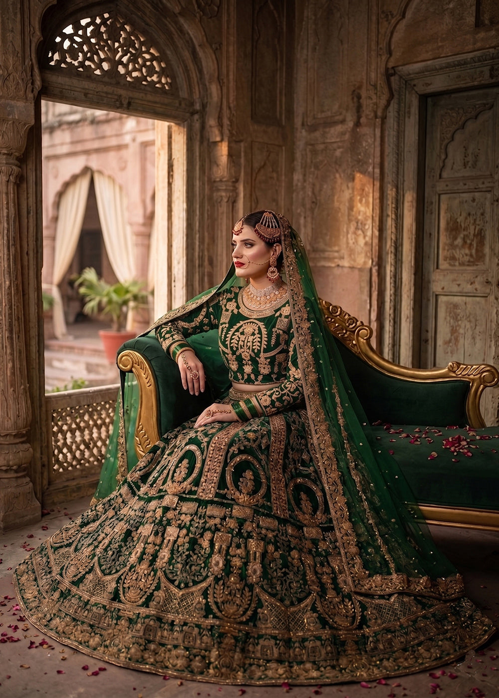 Buy Now Green Heavy Bridal Designer Style Velvet Lehenga Choli Online in US, UK, Canada, France, Italy, Germany, Australia, Greece, UAE & Worldwide at Empress.