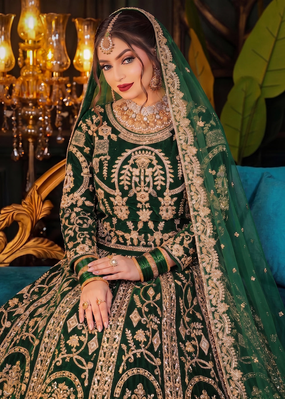 Buy Now Green Heavy Bridal Designer Style Velvet Lehenga Choli Online in US, UK, Canada, France, Italy, Germany, Australia, Greece, UAE & Worldwide at Empress.