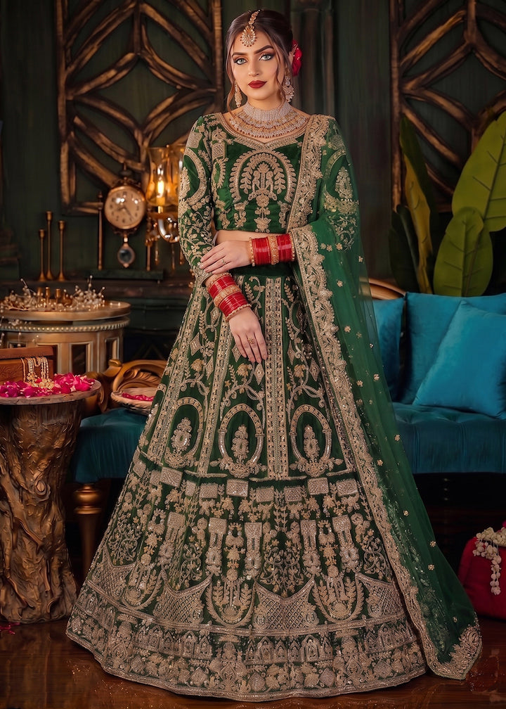 Buy Now Green Heavy Bridal Designer Style Velvet Lehenga Choli Online in US, UK, Canada, France, Italy, Germany, Australia, Greece, UAE & Worldwide at Empress.