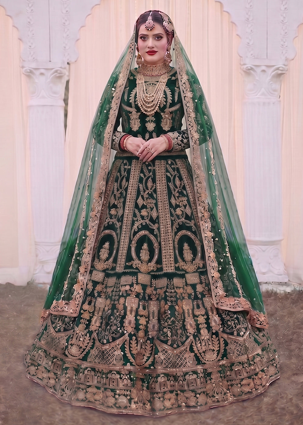 Buy Now Green Heavy Bridal Designer Style Velvet Lehenga Choli Online in US, UK, Canada, France, Italy, Germany, Australia, Greece, UAE & Worldwide at Empress.