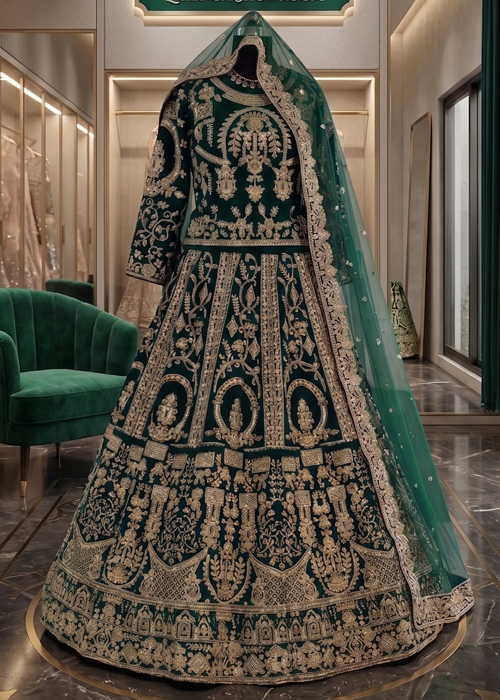 Buy Now Green Heavy Bridal Designer Style Velvet Lehenga Choli Online in US, UK, Canada, France, Italy, Germany, Australia, Greece, UAE & Worldwide at Empress.