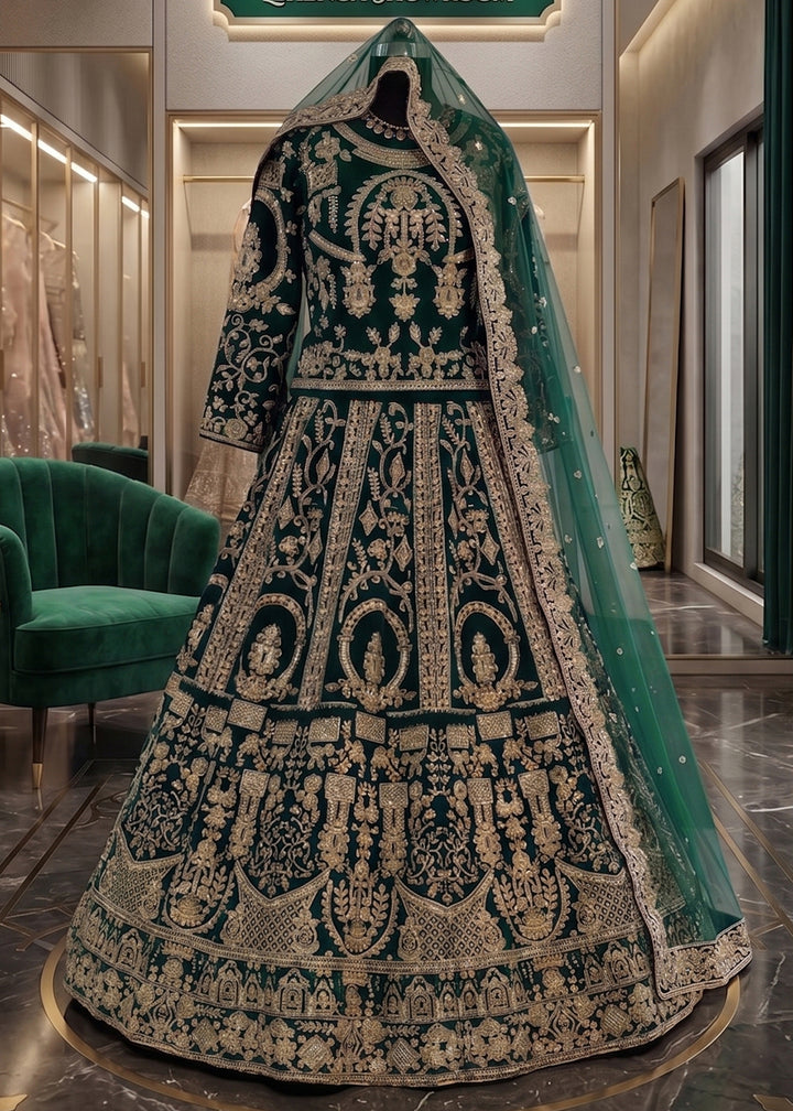 Buy Now Green Heavy Bridal Designer Style Velvet Lehenga Choli Online in US, UK, Canada, France, Italy, Germany, Australia, Greece, UAE & Worldwide at Empress.