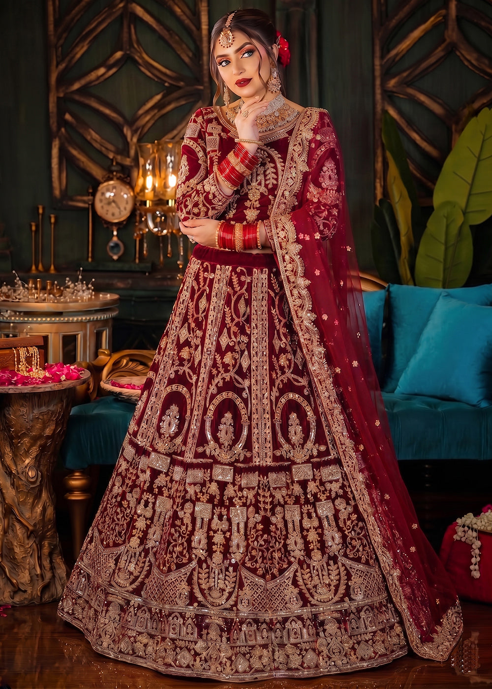 Buy Now Red Heavy Bridal Designer Style Velvet Lehenga Choli Online in US, UK, Canada, France, Italy, Germany, Australia, Greece, UAE & Worldwide at Empress.