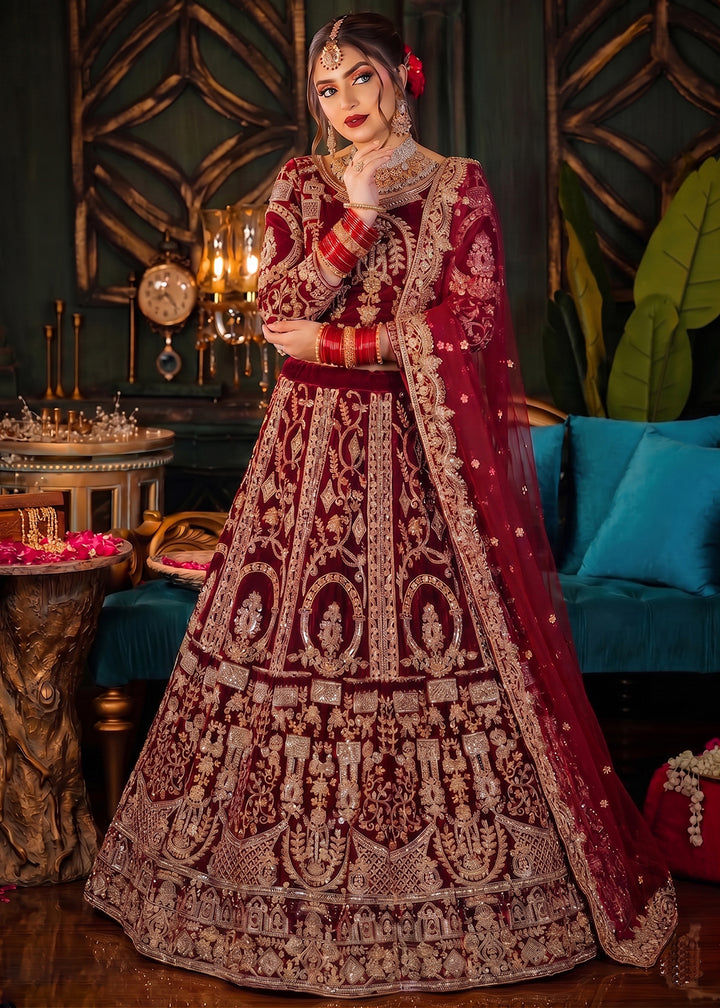 Buy Now Red Heavy Bridal Designer Style Velvet Lehenga Choli Online in US, UK, Canada, France, Italy, Germany, Australia, Greece, UAE & Worldwide at Empress.