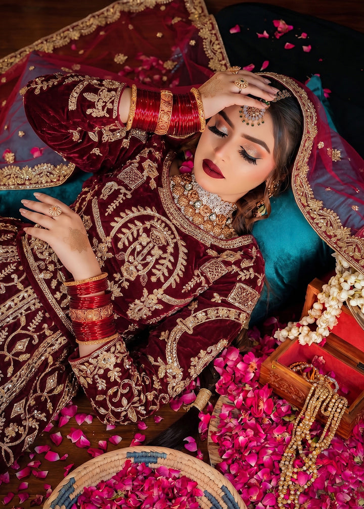 Buy Now Red Heavy Bridal Designer Style Velvet Lehenga Choli Online in US, UK, Canada, France, Italy, Germany, Australia, Greece, UAE & Worldwide at Empress.