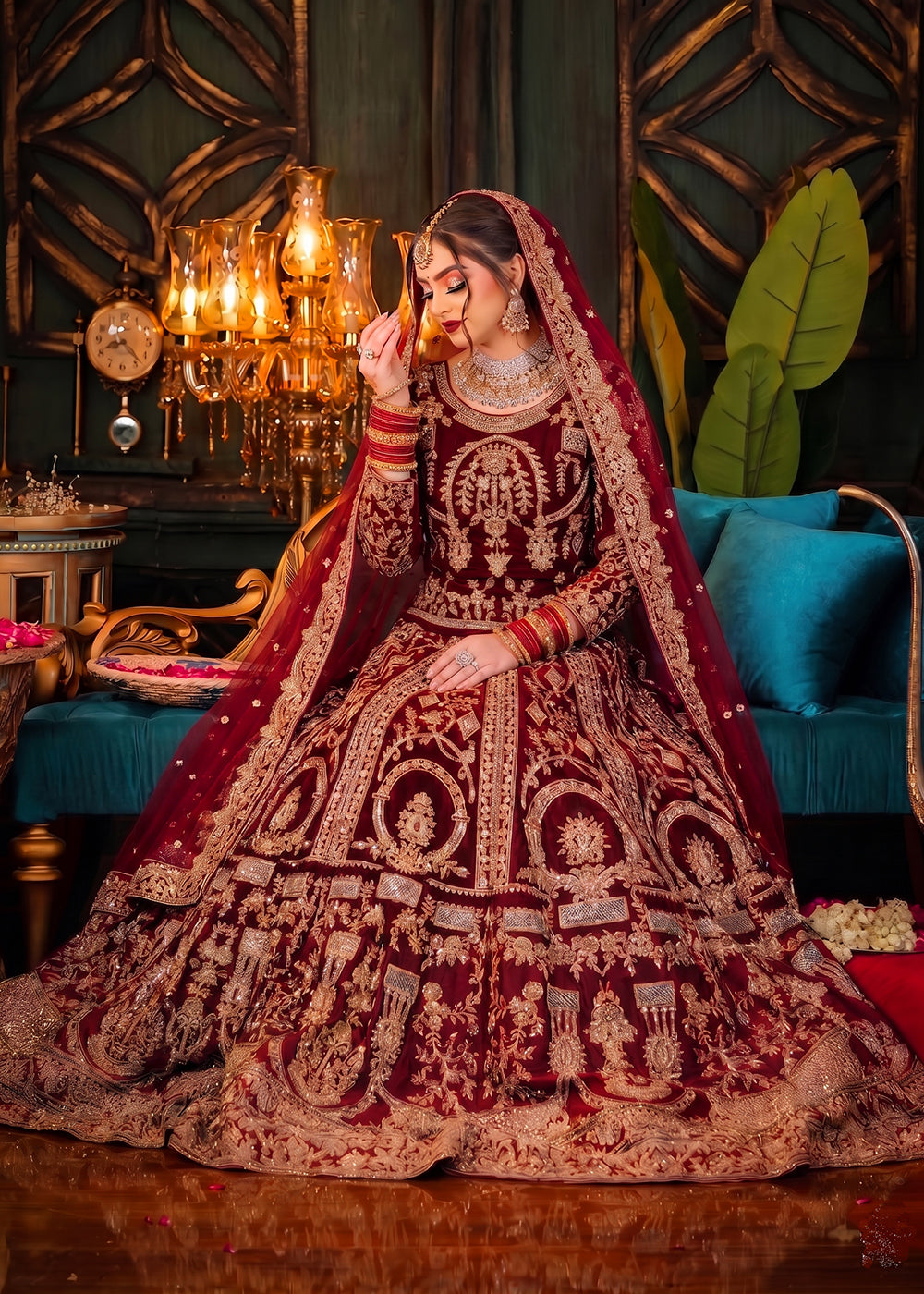 Buy Now Red Heavy Bridal Designer Style Velvet Lehenga Choli Online in US, UK, Canada, France, Italy, Germany, Australia, Greece, UAE & Worldwide at Empress.