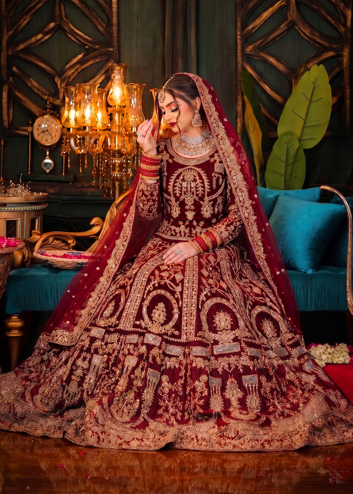 Buy Now Red Heavy Bridal Designer Style Velvet Lehenga Choli Online in US, UK, Canada, France, Italy, Germany, Australia, Greece, UAE & Worldwide at Empress.