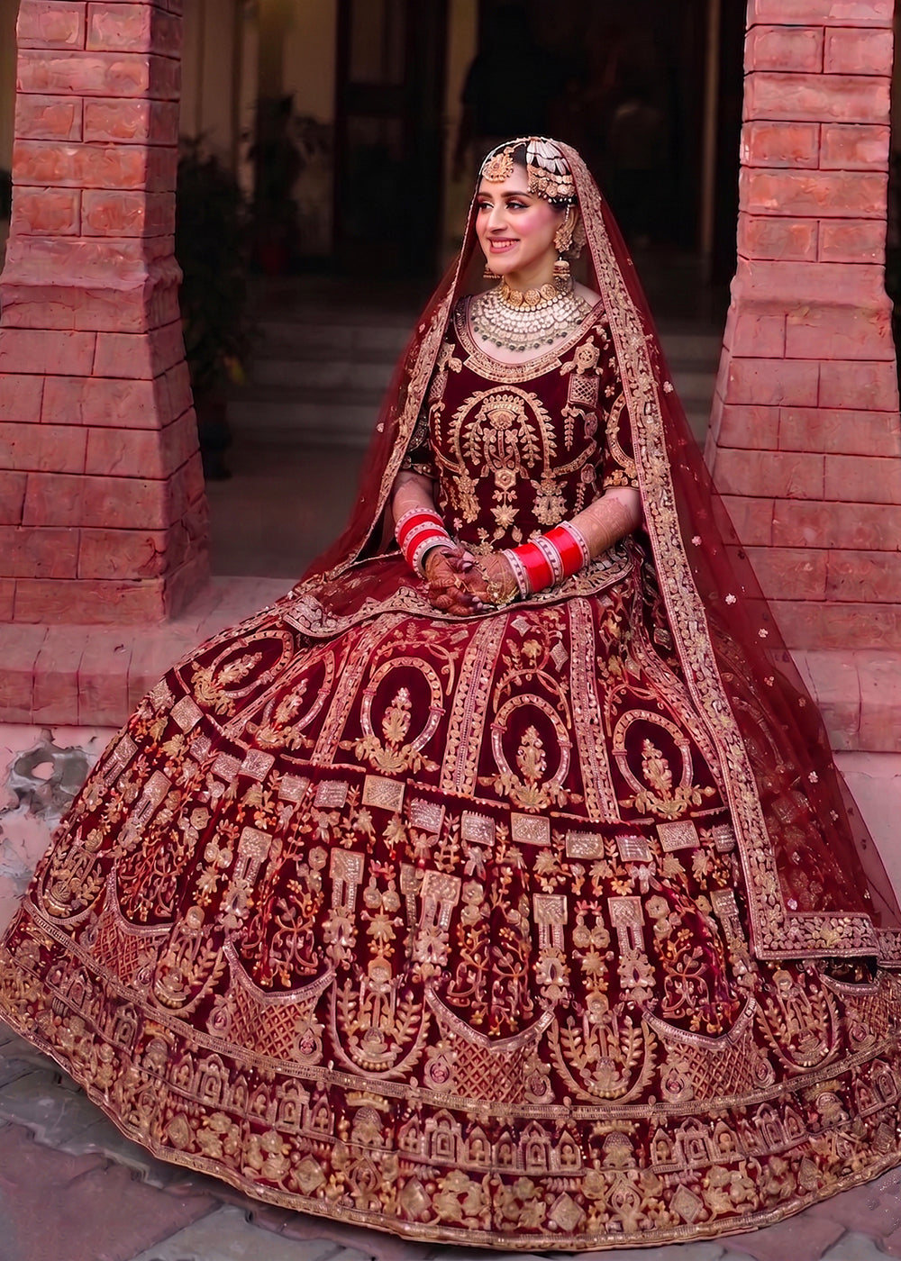 Buy Now Red Heavy Bridal Designer Style Velvet Lehenga Choli Online in US, UK, Canada, France, Italy, Germany, Australia, Greece, UAE & Worldwide at Empress.