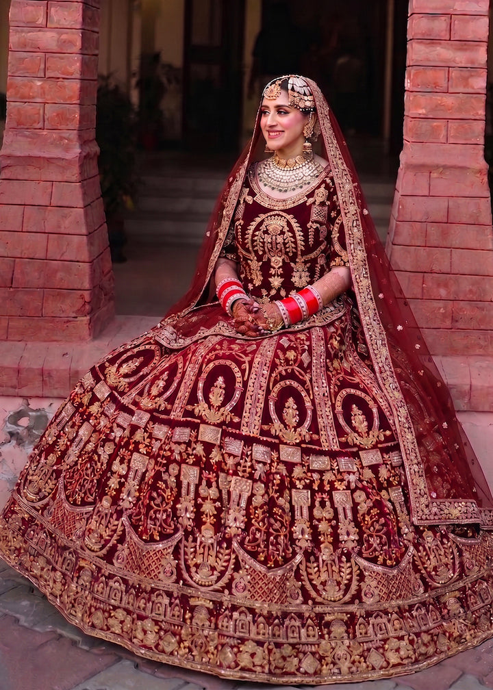 Buy Now Red Heavy Bridal Designer Style Velvet Lehenga Choli Online in US, UK, Canada, France, Italy, Germany, Australia, Greece, UAE & Worldwide at Empress.