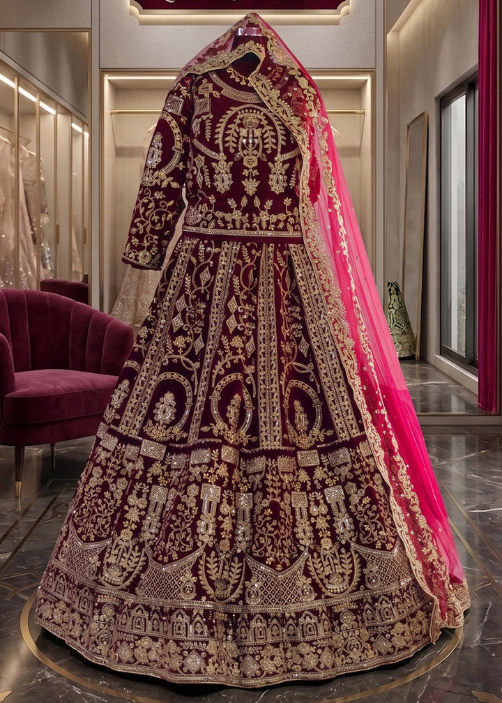 Buy Now Red Heavy Bridal Designer Style Velvet Lehenga Choli Online in US, UK, Canada, France, Italy, Germany, Australia, Greece, UAE & Worldwide at Empress.