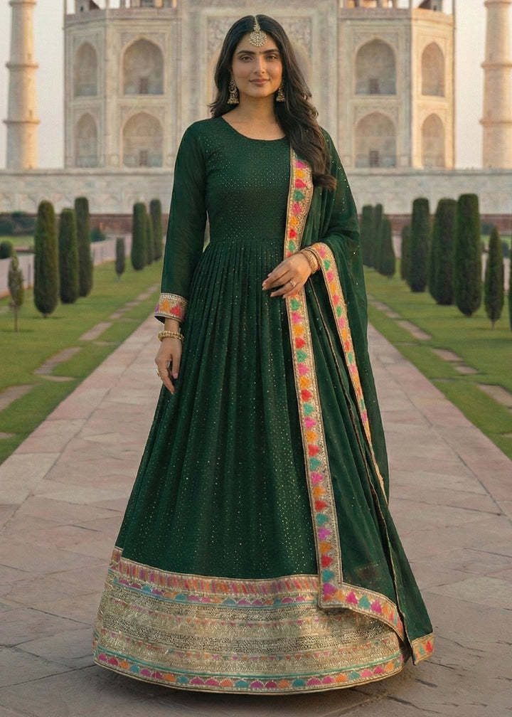 Buy Now Green All Over Sequins Work Festive Anarkali Gown Online in US, UK, Canada, France, Italy, Sweden, Ireland, Denmark, Greece, UAE & Worldwide at Empress.
